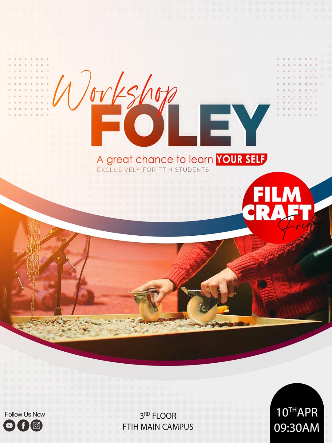 Foley workshop at FTIH Film School students creating sound effects using props in sound engineering session